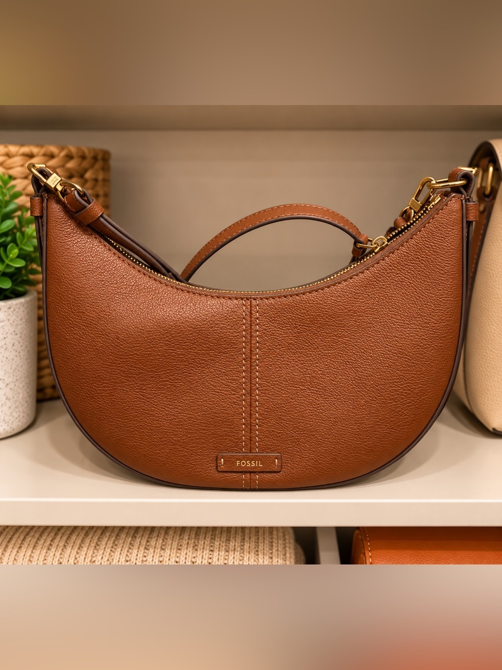 Fossil | Leather Crescent Bag Brown Tan Crossbody Bag